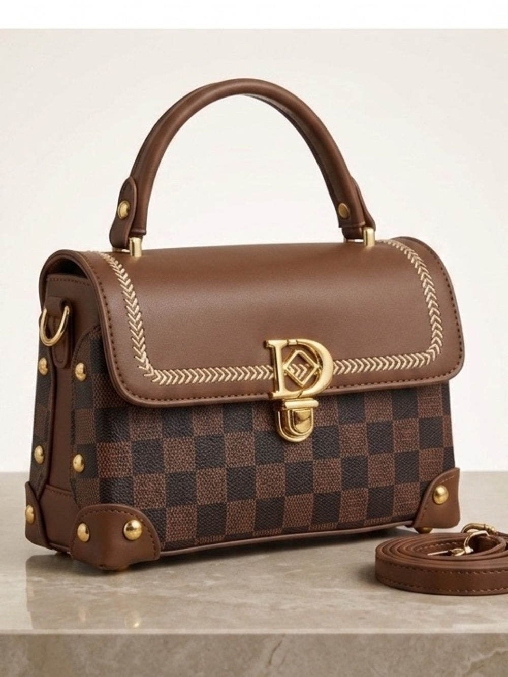 Brown Checkered Crossbody Handbag with Gold Accents NWT